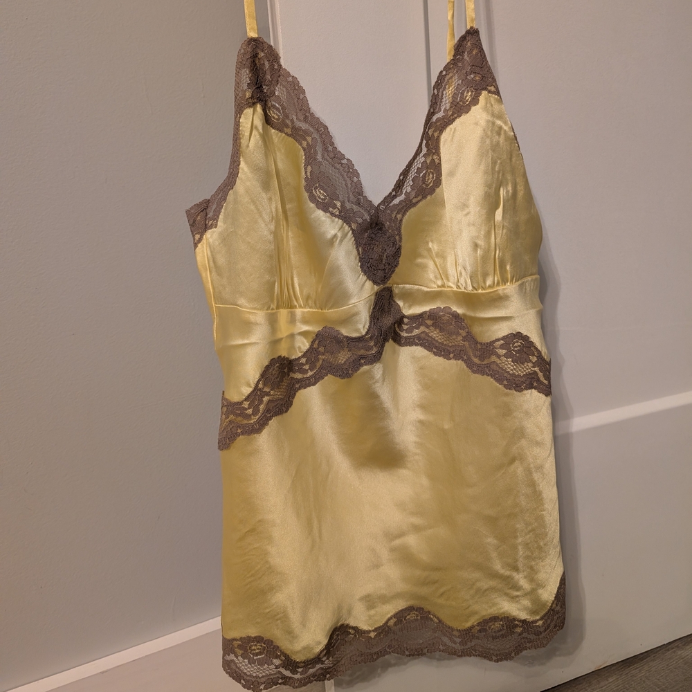 Gold Hawk Silk Cami in Sunshine Yellow w/ Brown Lace Trim L - NWT